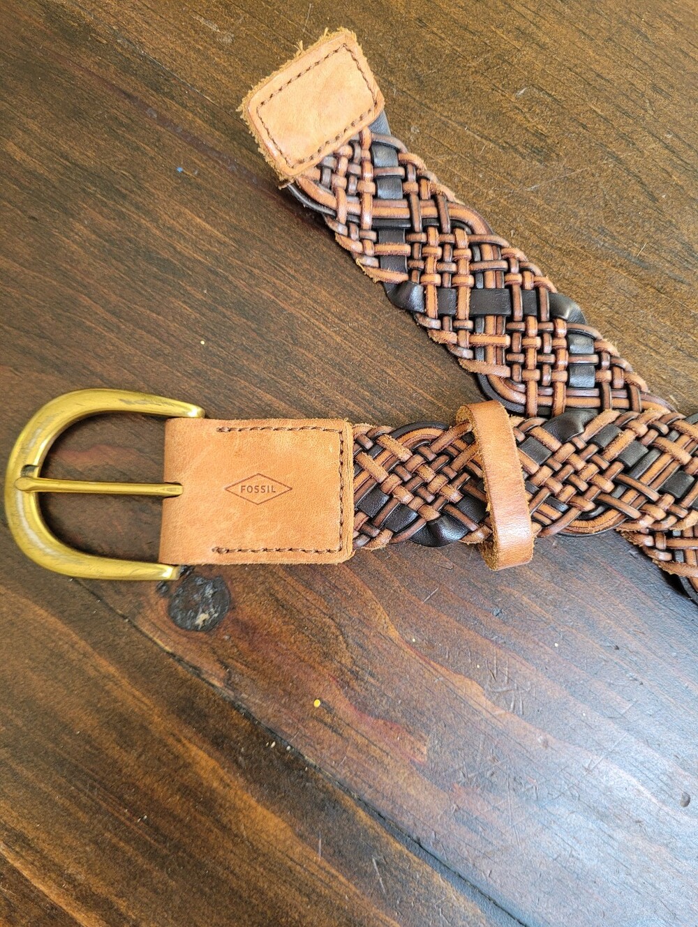 Fossil Belt Woven Black Brown Brass Buckle Medium